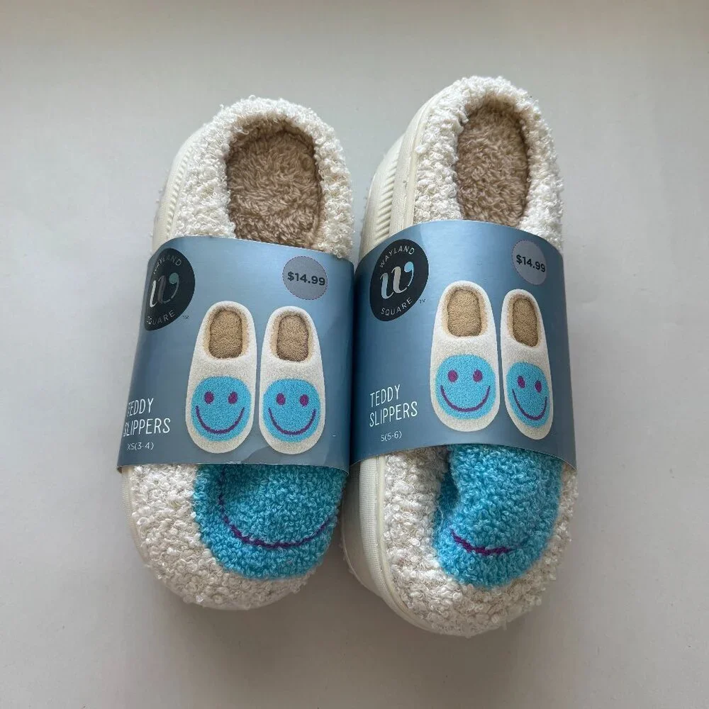 Bundle-Wayland Square Teddy Slippers Size XS & Small Beige Blue Happy Face